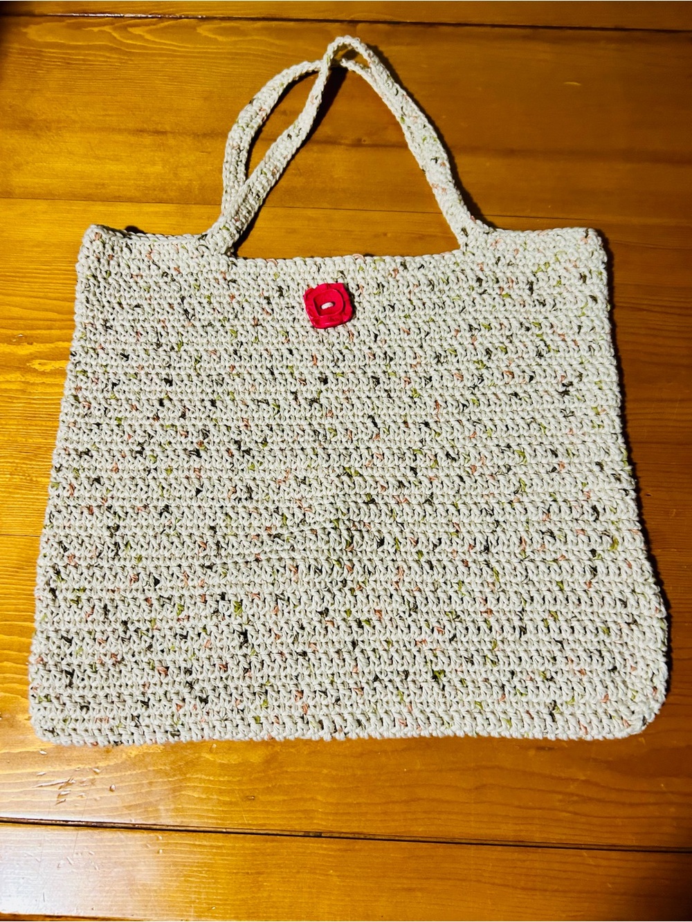 Handmade Cream Crochet Tote Bag with Pink Accent